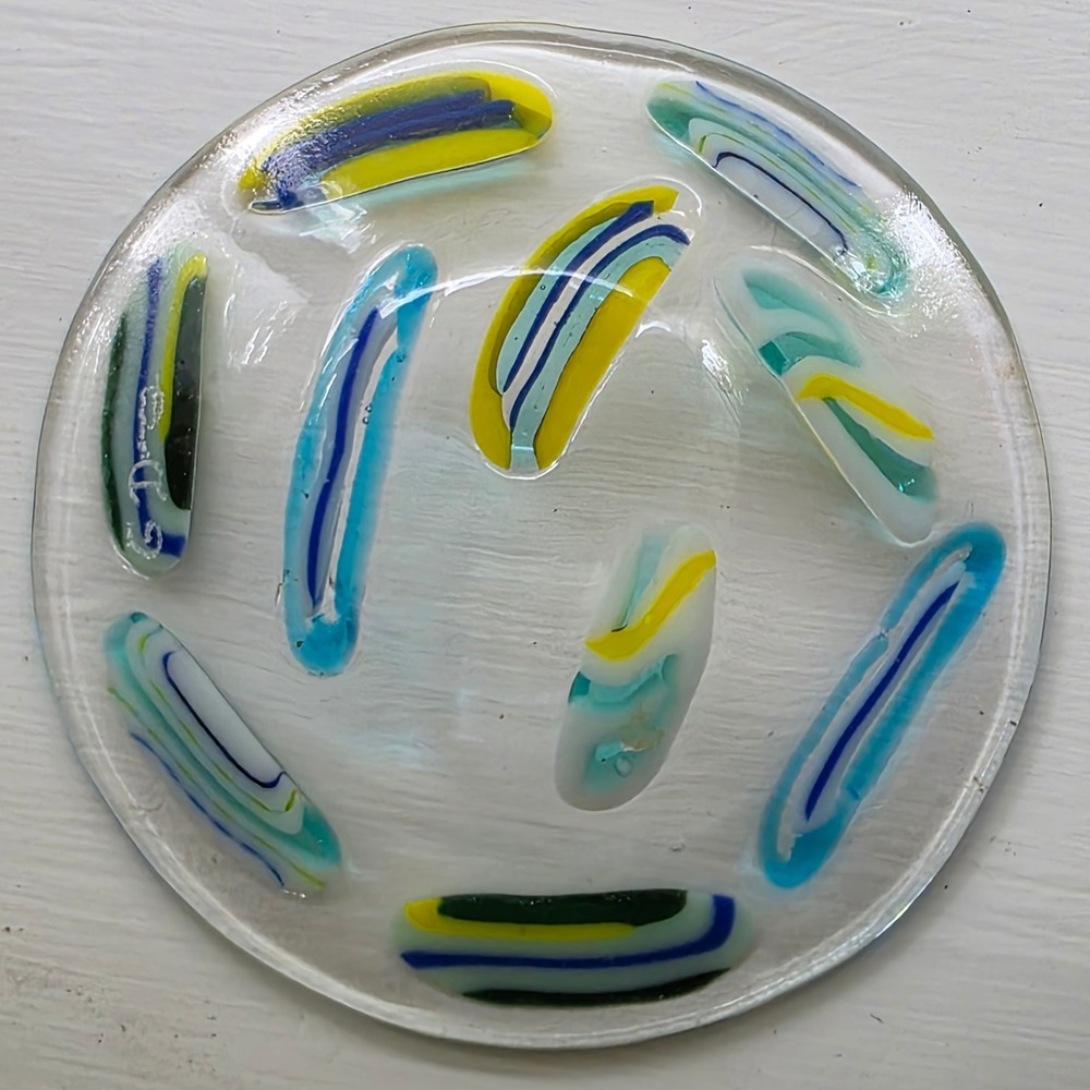 Handmade Art Glass 5" Trinket Dish Clear Murrine Cane Accents Signed Studio Art